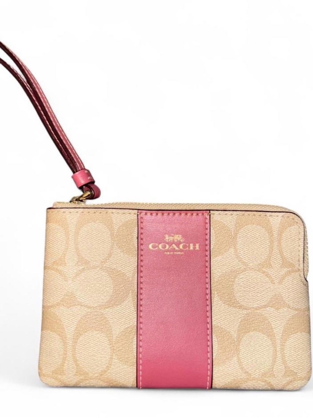 Coach Beige Signature Canvas Wristlet with Pink Center Stripe